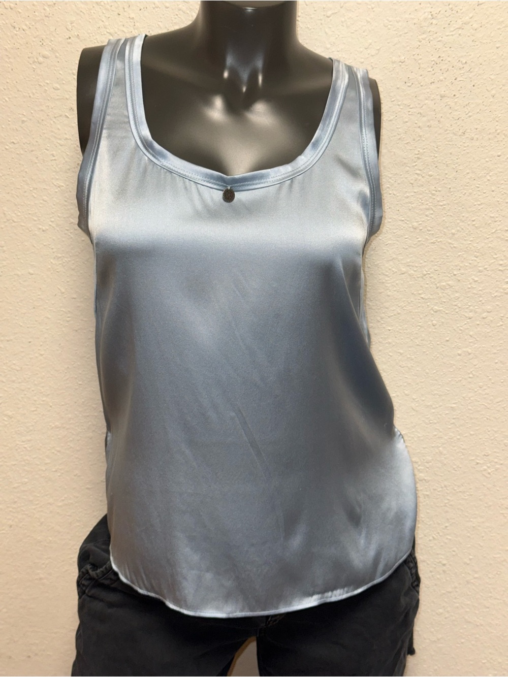 Odd Molly Shimmering Silver-Blue Satin Tank with Charm